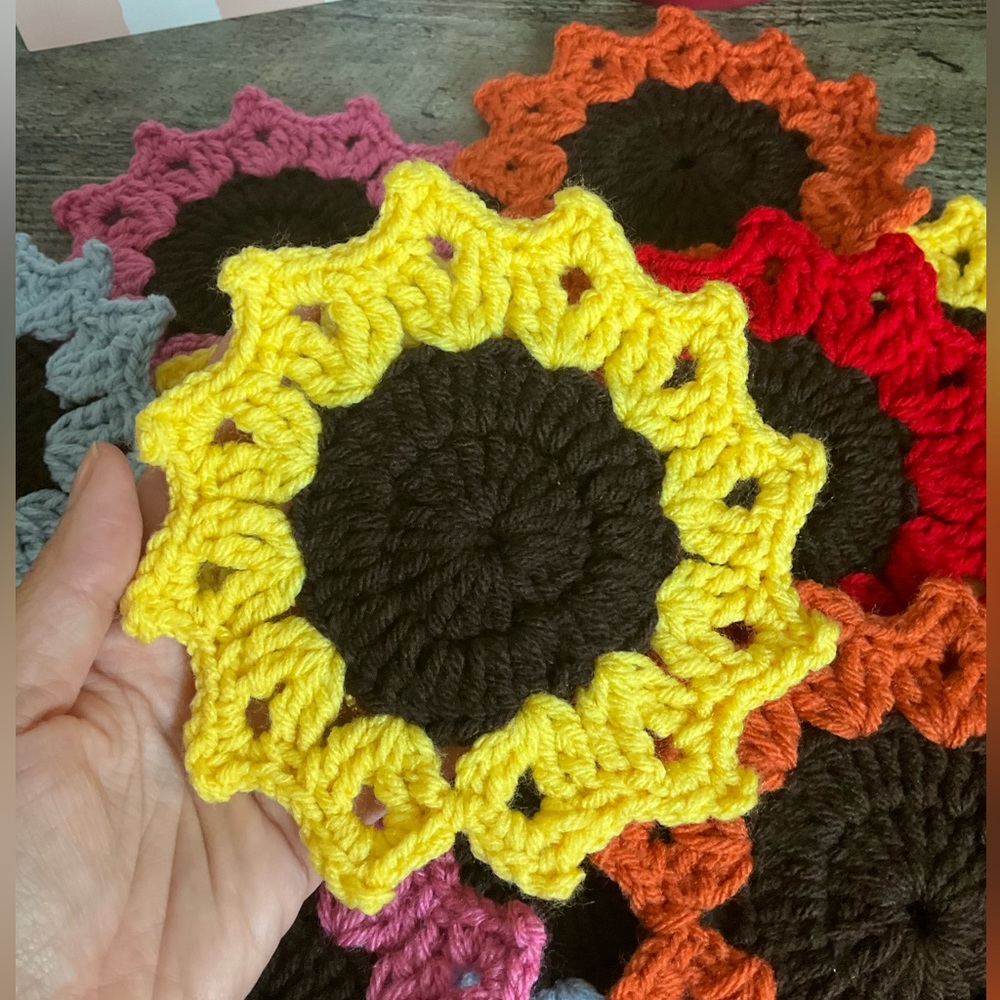 Sunflower Handmade Crochet Coasters 4 Pack - Yellow